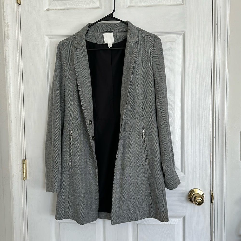 Black/Herringbone-Patterned Coat - image 1